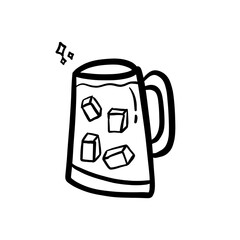 Hand draw doodle A glass of water with ice cubes line art black and white style