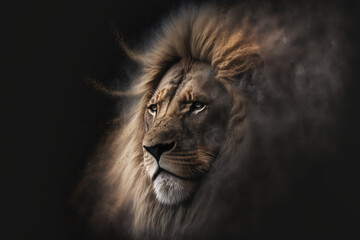 a close up of a lion with a black background, generative AI