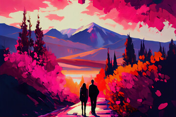 a painting of two people walking down a road, generative AI