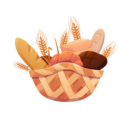 Wicker Basket with Pastries: Loaf, Bread, Baguette, Croissant, Puff pastry. Bakery shop. Vector Illustration in cartoon style.