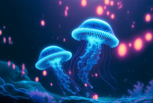 Glowing Jellyfish in the water - illustration - AI Generated