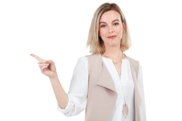 A young woman pointing isolated on a PNG background.