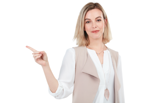 A young woman pointing isolated on a PNG background.