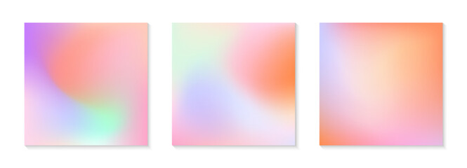 Obraz premium Vector set of mesh gradient backgrounds in soft pastel colors.California sunset mood.Abstract fluid illustrations in y2k aesthetic.Modern templates for banners,branding design,social media,covers.