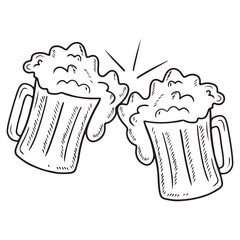 Two clink glasses with beer with foam cheers in black isolated on white background. Hand drawn vector sketch illustration in simple doodle vintage engraved style. Mug with beverage, bar.