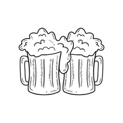 Two mugs with beer with foam cheers in black isolated on white background. Hand drawn vector sketch illustration in simple doodle vintage engraved style. Glass with beverage, bar, pub.