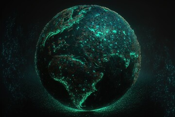 Naklejka na ściany i meble Digital dystopian globe, future, viewed from space, in the solar system, in the stars, view of the earth, our planet, ai, cyber, eco, climate, war created with generative ai technology