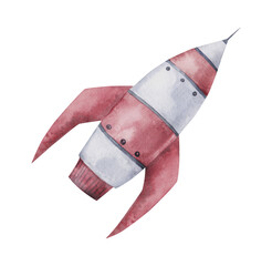 Space flying rocket, on a white background. Hand drawn watercolor.png file © Лилия Черепанова
