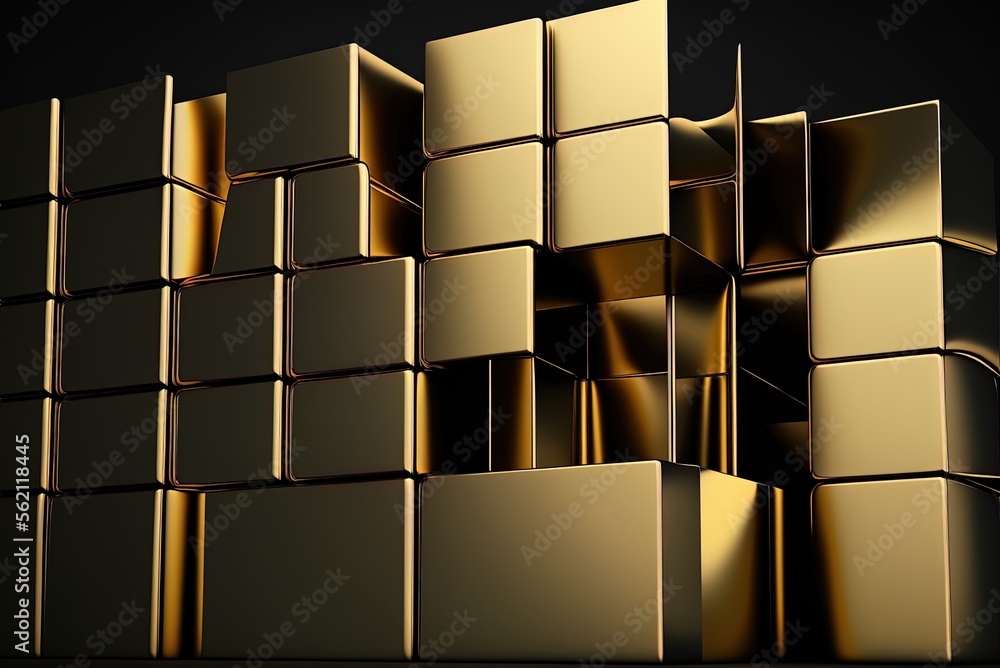 Poster patterned mosaic tiles in the form of a rectangle. glossy blocks of polished gold and silver bullion