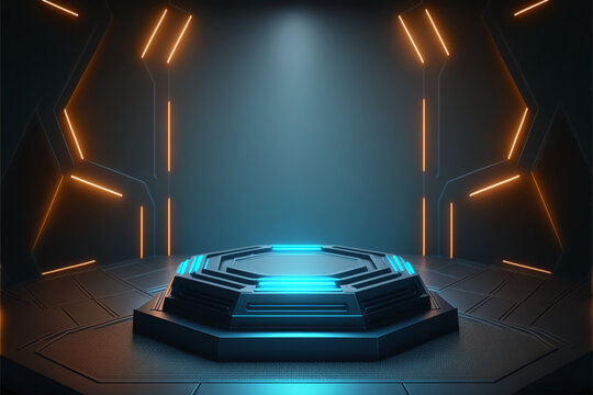Cyberpunk blue empty hexagon podium in the dark space, Generative ai