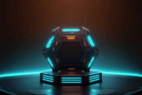 Cyberpunk blue empty hexagon podium in the dark space, Generative ai