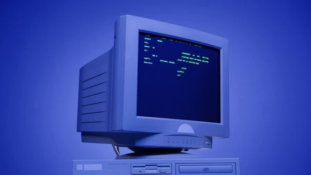 Retro pc with loading code console, programmer making scripts, green basic screen, Old computer studio blue night background close-up, Desktop vintage retro wave display, late 90s PC.