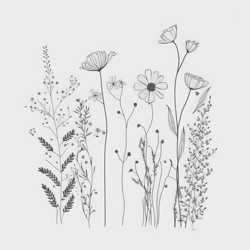 Wildflower line art design, Decorative floral picture