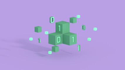 Cube with binary code 3D render
