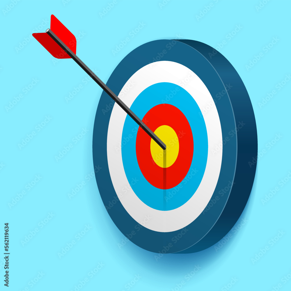 Poster target icon in 3d flat style on color background. arrow in the center aim. vector design element for
