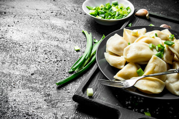 Dumplings with chopped green onions and garlic slices.