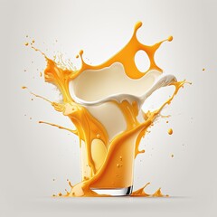 orange juice and milk splashing into a glass full of thick organic milk juice,  white background in photorealistic