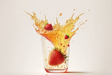 slice strawbery falling with a swirly splash of thick grainy juice into a glass filled with beige and yellow organic juice, before a bright white background by ai generate