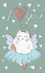 Greeting card cat with white hearts in dress