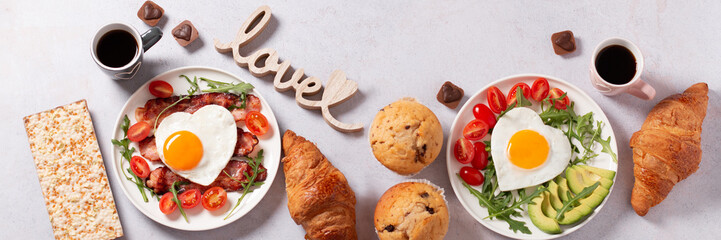Couple breakfast border on Valentines Day on gray background, top view