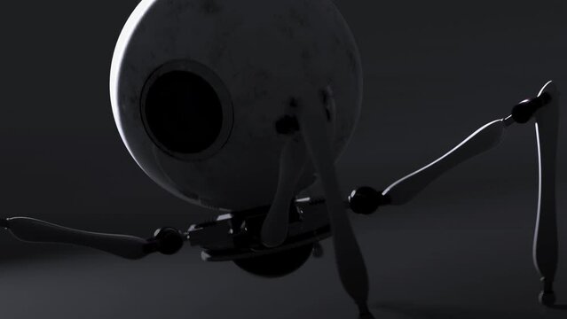 The Robot is walking in Dark, High-tech slow motion video. You can increase the speed. Cyber spider with a lens for presentation or ads about Hi-tech, Cinematic shot.