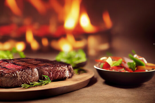 A Steak Is On A Plate Next To A Bowl Of Salad, Generative AI