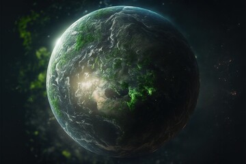 Digital green futuristic globe, viewed from space, in the solar system, in the stars, view of the earth, our planet, ai, cyber, eco, climate, war created with generative ai technology, chance, hope