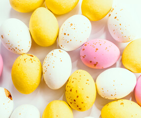 Colorful chocolate Easter eggs background with copy space