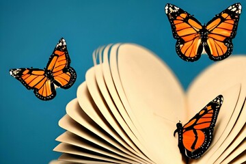 Butterflies flying out of an open book with a blue background, ai generated
