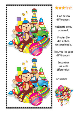Difference game with classic toys set - monkey, car, balls, bowling pins, spinning top, stacked rings, blocks. Answer included.
