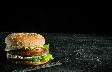 Burger with juicy beef,tomatoes and salad.