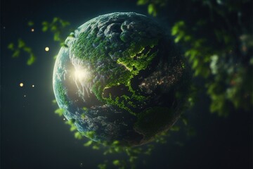 Obraz na płótnie Canvas Digital green futuristic globe, viewed from space, in the solar system, in the stars, view of the earth, our planet, ai, cyber, eco, climate, war created with generative ai technology, chance, hope