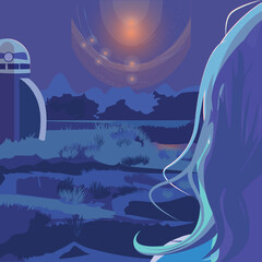 A girl whose face we don't see looks at the night scenery. A spaceship is parked in the meadow. The sky is illuminated by stars.