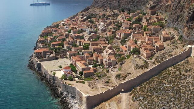 Aerial video by drone from the medieval castle of Monemvasia, Lakonia, Peloponnese, Greece.	