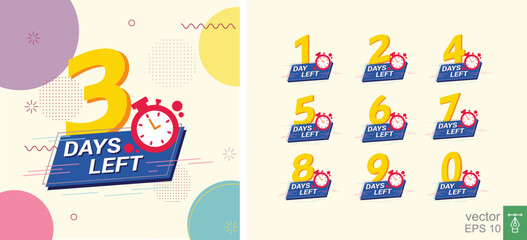 3, 5, 1, 2, 7, 6, 4, 8, 9, 0 days left badge, label set. Number days left countdown vector illustration template. EPS 10.