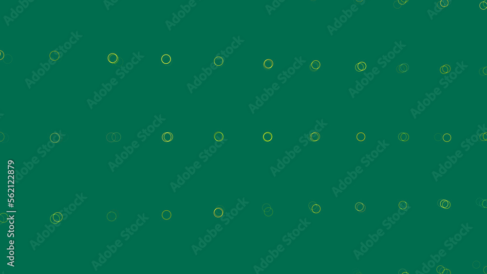 Poster yellow pulsating discs and circles on green background. place to advertise. copy space for congratul