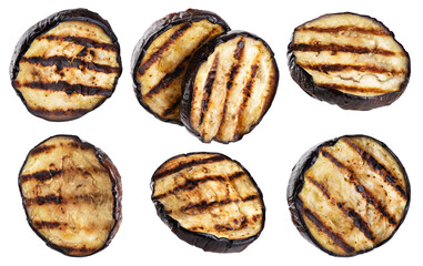 Grilled eggplants aubergine slices isolated on white background. Collection with clipping path.