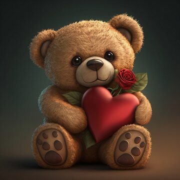 Cute Teddy Bear Holding Heart and Rose - Perfect for Valentine's Day. Generative AI.