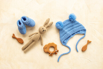 Baby newborn hat with kids toys and accessories, top view