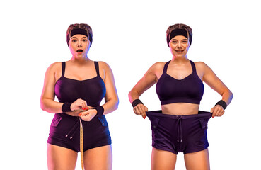 Before and After Weight Loss Fitness Transformation. Woman was fat but became athlet. Fat to fit concept. Body positive and fitness idea for social media post.