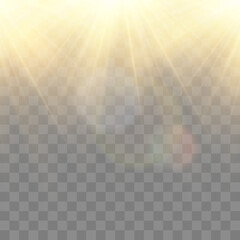 Glow light effect, Bright sun. Vector transparent sunlight, special flash light effect. Sun or spotlight beams. Bright flash. Light PNG. Decor element isolated on transparent background.