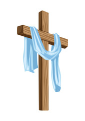 Christian illustration of wooden cross and shroud. Happy Easter image.