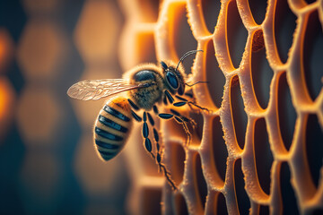 a close up of a bee on a honeycomb, generative AI