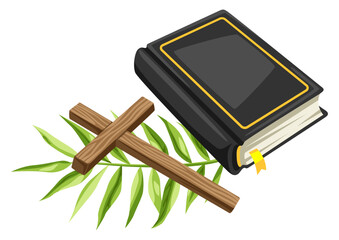 Christian illustration of wooden cross and holy bible. Happy Easter image.