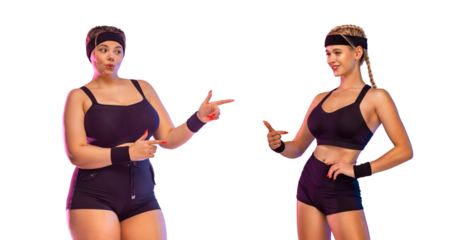 Fat size plus and bodypositive model shows on thin athletic fitness girl. Fat to fit concept.