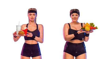 Fit to Fat. Girl, Size Plus Model is Eating Vegetables to Become fit. If you eat fast food, you will get fat. Meat versus vegetables. Idea for a social media post on the topic of dietetics.