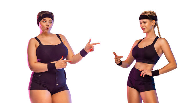 Fat size plus and bodypositive model shows on thin athletic fitness girl. Fat to fit concept.