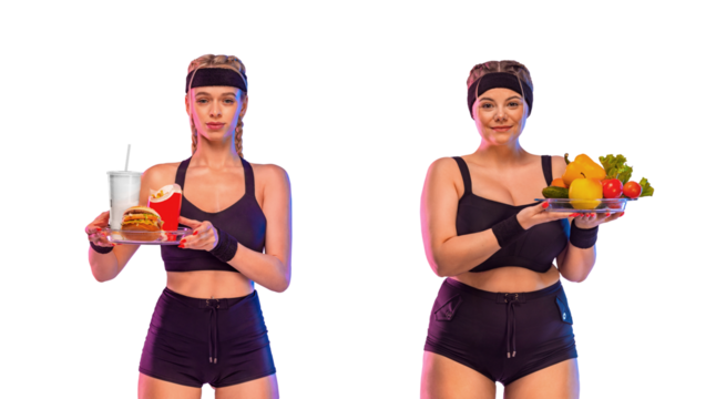 Fit to Fat. Girl, Size Plus Model is Eating Vegetables to Become fit. If you eat fast food, you will get fat. Meat versus vegetables. Idea for a social media post on the topic of dietetics.