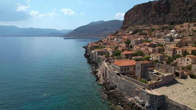 Aerial video by drone from the medieval castle of Monemvasia, Lakonia, Peloponnese, Greece.	