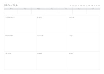 A weekly plan design template in a modern, simple, and minimalist style. Note, scheduler, diary, calendar, planner document template illustration.